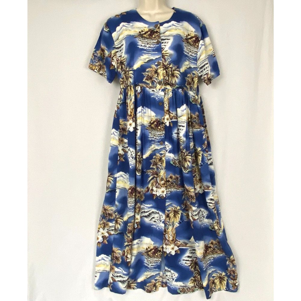 Hilo Hattie Maxi Dress Womens Medium Pockets Tropical Hawaiian Luau Ukelele Vtg - Picture 2 of 13